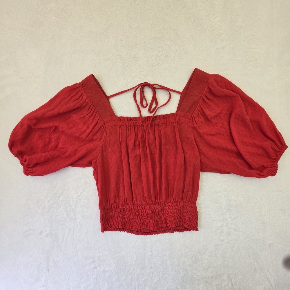 Band of Gypsies Crop Top Womens Red Puff Sleeve Smocked Boho Festival Tie Back